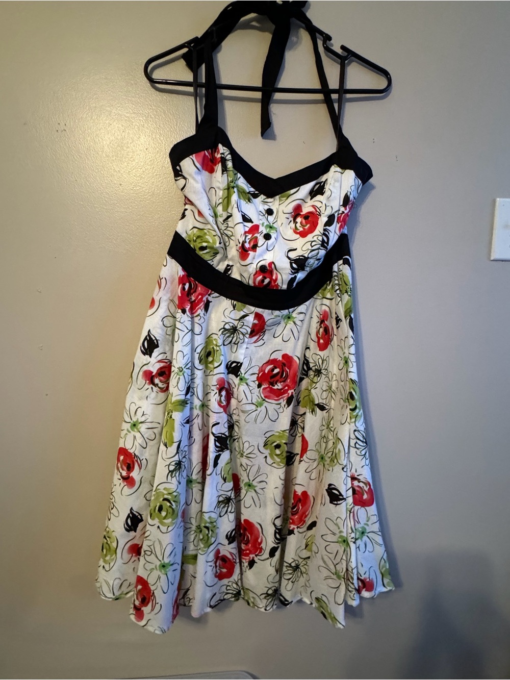 Lucky 13- White Floral Pinup Halter Dress with Red & Green Flowers